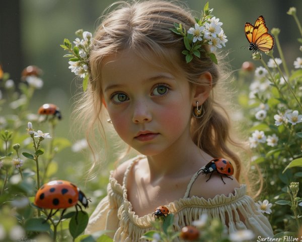 Young girl in flower-adorned meadow with ladybugs and butterflies