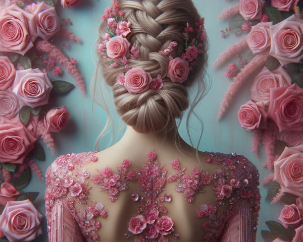 Woman in Elegant Pink Gown Surrounded by Roses