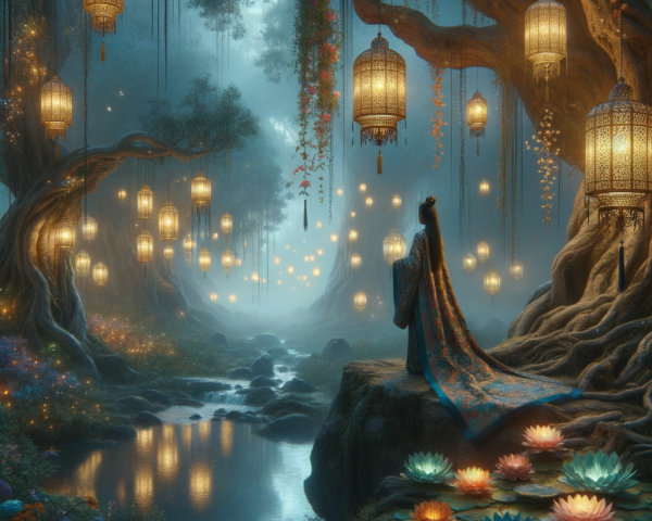 Mystical forest scene with cloaked figure by waterway