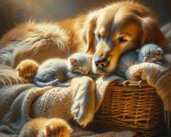 Golden Retriever Napping with Fluffy Kittens