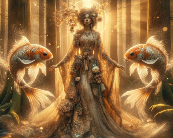 Mystical Forest Scene with Enchanting Figure and Goldfish