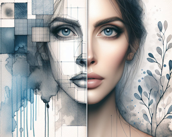 Split Image of Woman's Face in Pencil and Watercolor