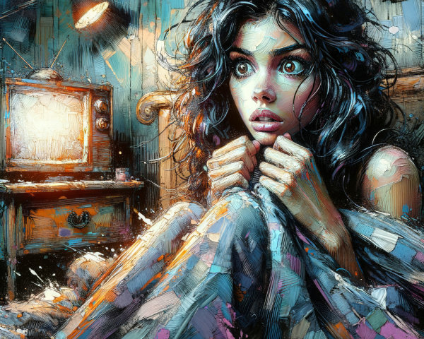 Young Woman on Bed in Dimly Lit Retro Room