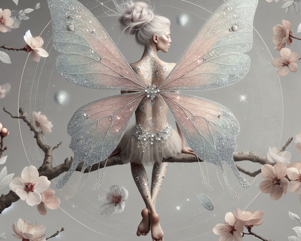 Serene figure with butterfly wings in a celestial scene