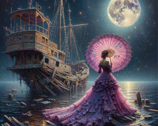 Woman in Purple Gown on Dock Under Full Moon
