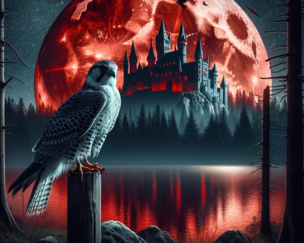 Dark Fantasy Landscape with Gyrfalcon and Castle