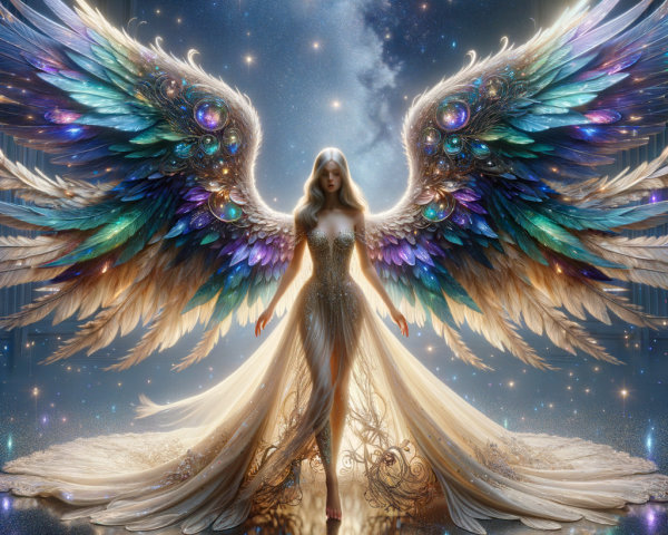 Majestic figure in shimmering gown with colorful wings