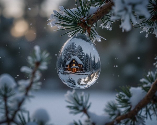 Crystal Ornament Reflecting Cozy Winter Cabin Scene