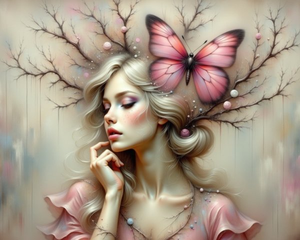 Ethereal Woman with Silver Hair and Butterfly Accent