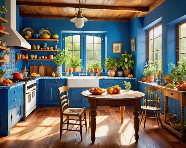 Bright Kitchen with Blue Walls and Wooden Beams