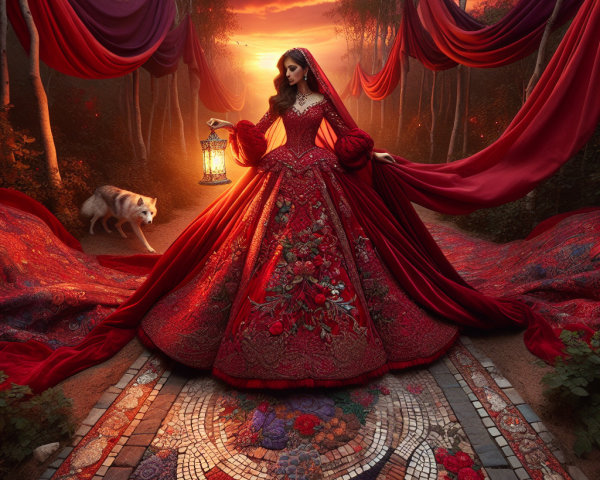 Mystical Sunset Scene with Woman in Red Gown