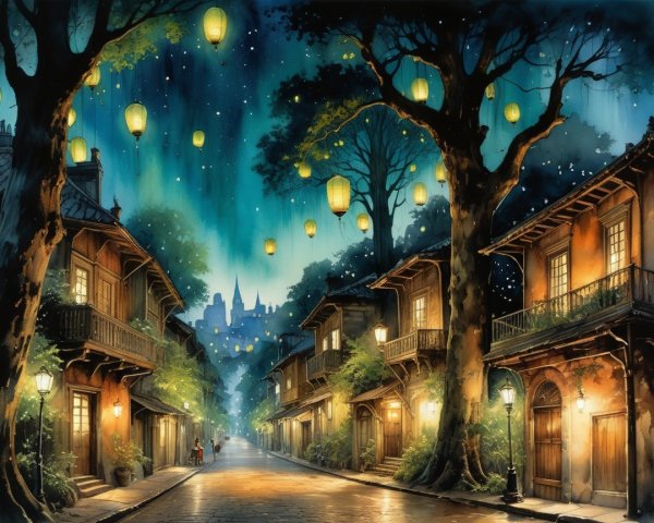 Moonlit street with wooden houses and lanterns