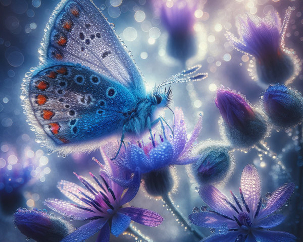 Blue Butterfly on Purple Flowers with Dew Drops