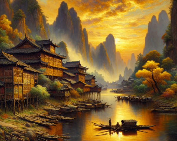Serene Landscape with Wooden Houses and Sunset Reflections