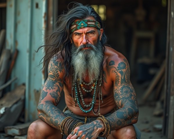 Rugged Man with Tattoos and Tribal Accessories
