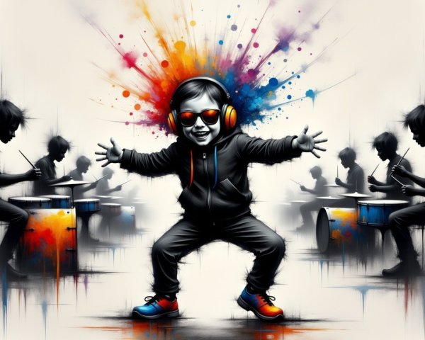 Child Dancing with Sunglasses and Headphones in Colorful Scene