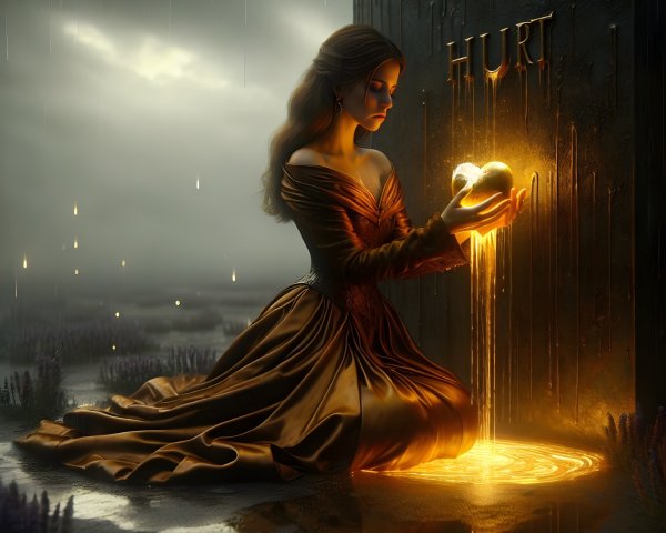 Woman in Golden Gown Holding Glowing Heart in Rain