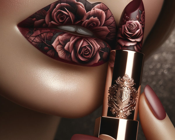 Elegant Lips with Rose Designs and Burgundy Shade