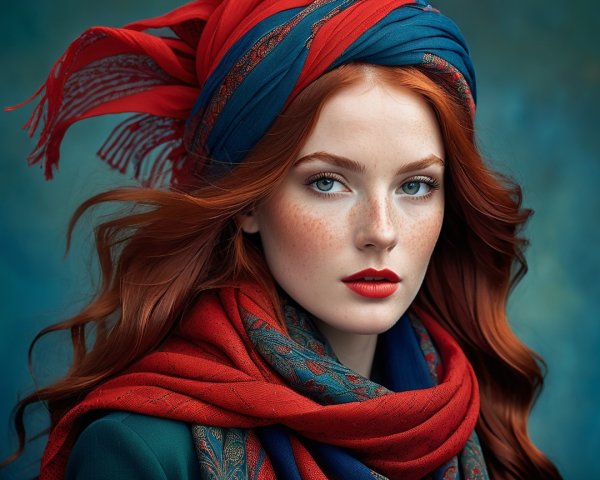 Striking Woman with Red Hair and Vibrant Headscarf
