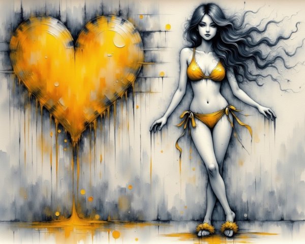 Young Woman in Orange Bikini Against Grayscale Background