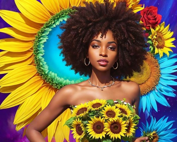 Young woman with curly hair and vibrant flower backdrop