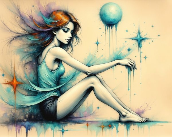 Ethereal Girl in Cosmic Dreamy Background Artwork