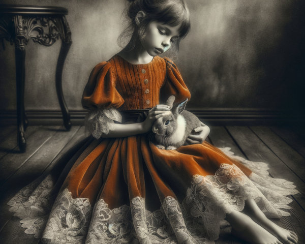 Young girl in vintage dress with rabbit on wooden floor