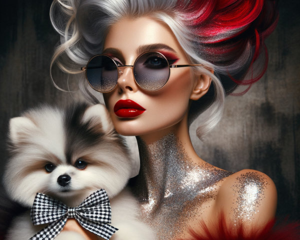 Glamorous Model with Silver and Red Hair and Puppy