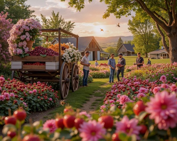Gathering in a Floral Landscape at Sunset