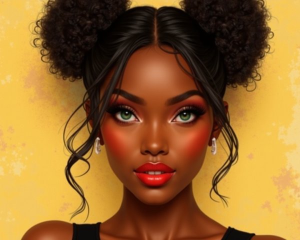 Young woman with green eyes and red lips on yellow background