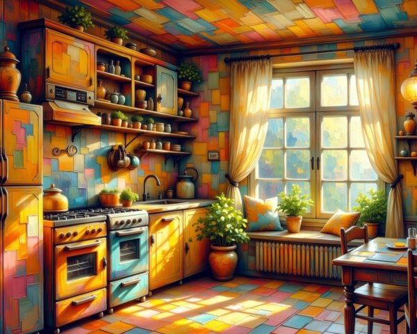 Vibrant Kitchen with Colorful Tiles and Cozy Seating