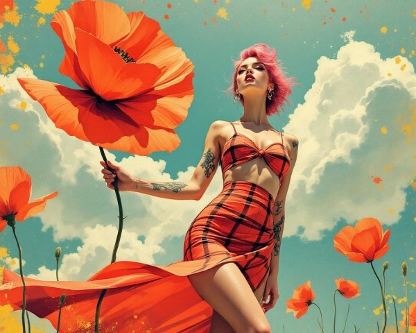 Model in Checkered Bikini Surrounded by Poppy Flowers
