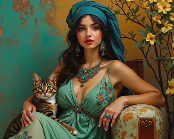 Elegant Woman in Teal Dress with Striped Cat