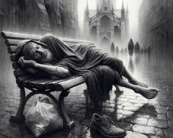 Elderly Man Asleep on Park Bench in Rainy Setting