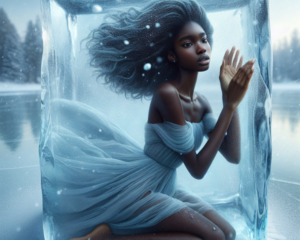 Serene figure encased in ice with flowing hair and gown