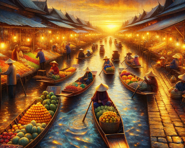 Vibrant Riverside Market at Sunset with Colorful Boats