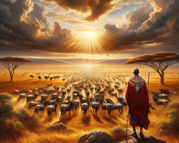 Sunset Over Savanna with Maasai Warrior and Zebras