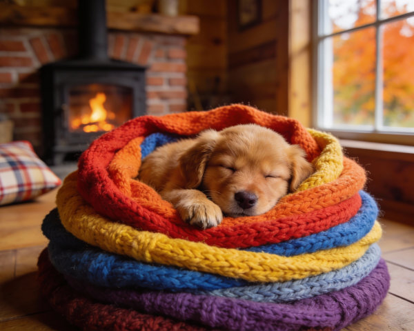 Golden Retriever Puppy in Colorful Knitted Dog Bed