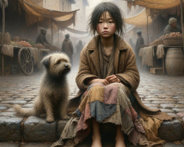 Young girl with dog on cobblestone street scene