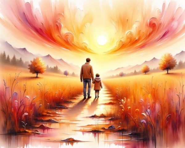 Serene Landscape of Father and Child in Warm Hues