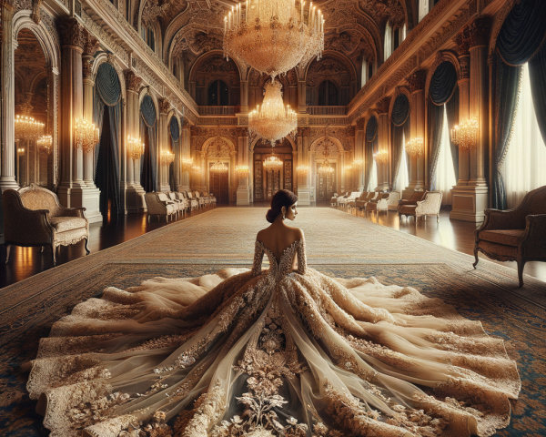 Opulent Ballroom with Woman in Exquisite Gown