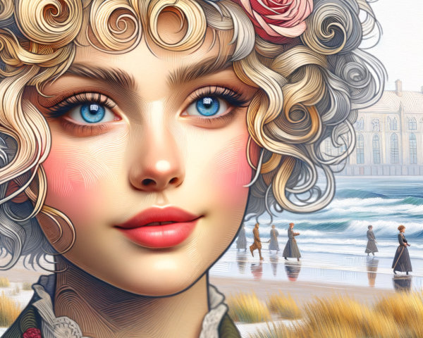 Young woman with blue eyes and curly hair at beach