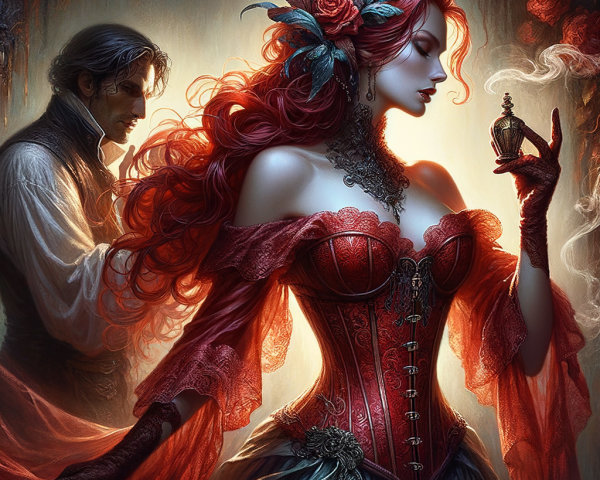 Romantic Scene with Woman, Perfume, and Shadowy Figure