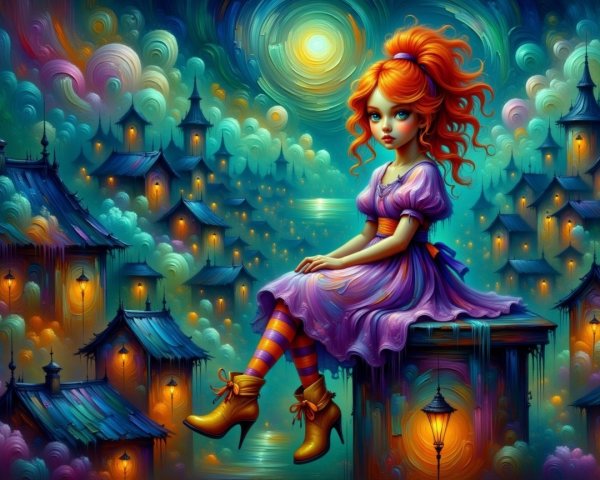 Whimsical Rooftop Scene with a Young Girl and Lanterns