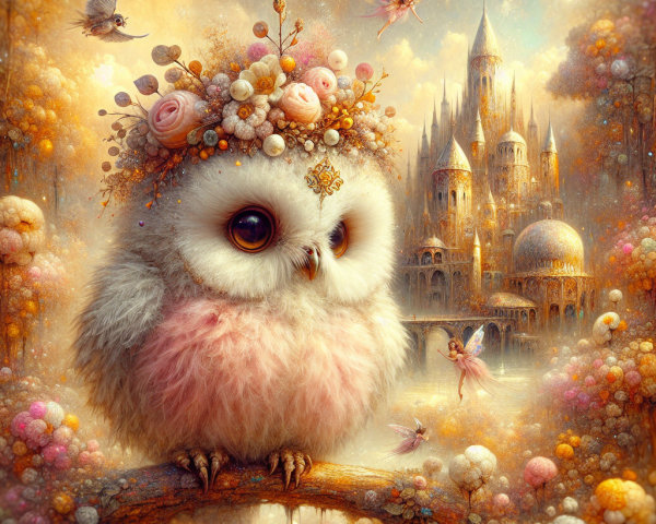 Whimsical Owl with Floral Crown in Enchanting Scene