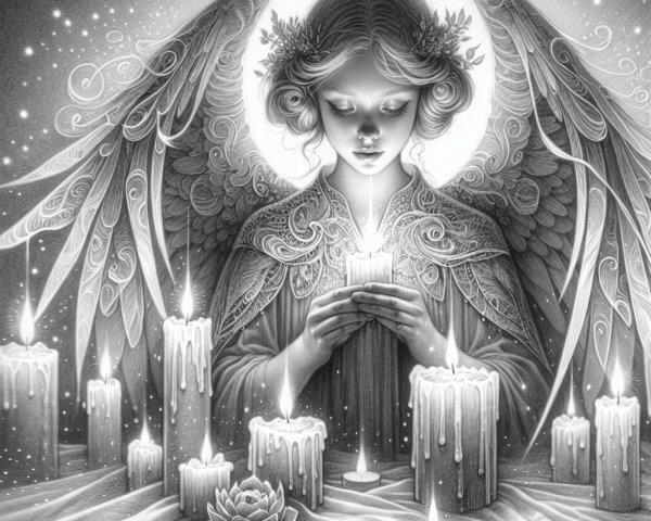 Serene angel with candles and blooming lotus scene