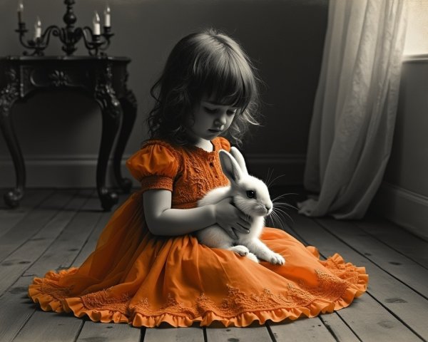 Young girl in orange dress holding a white rabbit