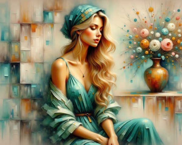 Serene Woman in Teal Outfit with Floral Background