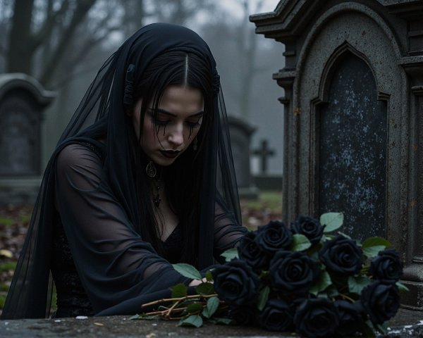 Somber figure in black near misty gravestone