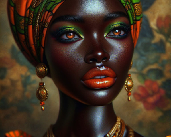 Portrait of a woman with vibrant headscarf and makeup